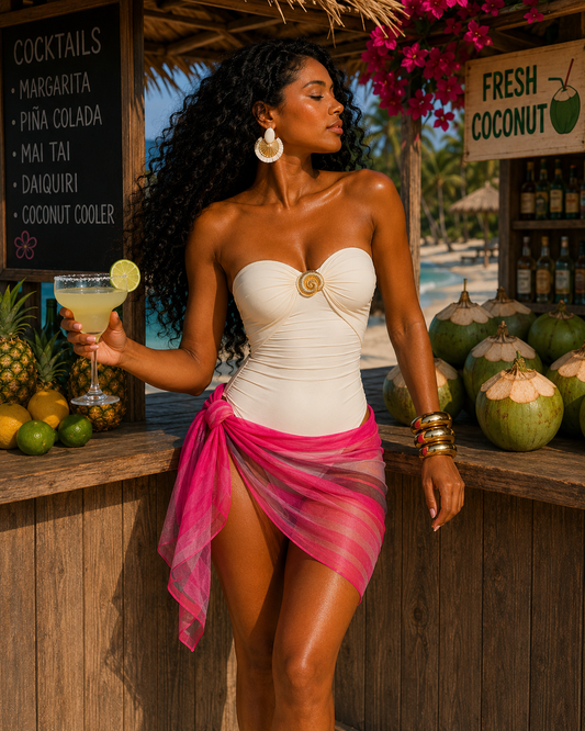 Ruched Swim w/ Tie Dye Sarong (Pink)