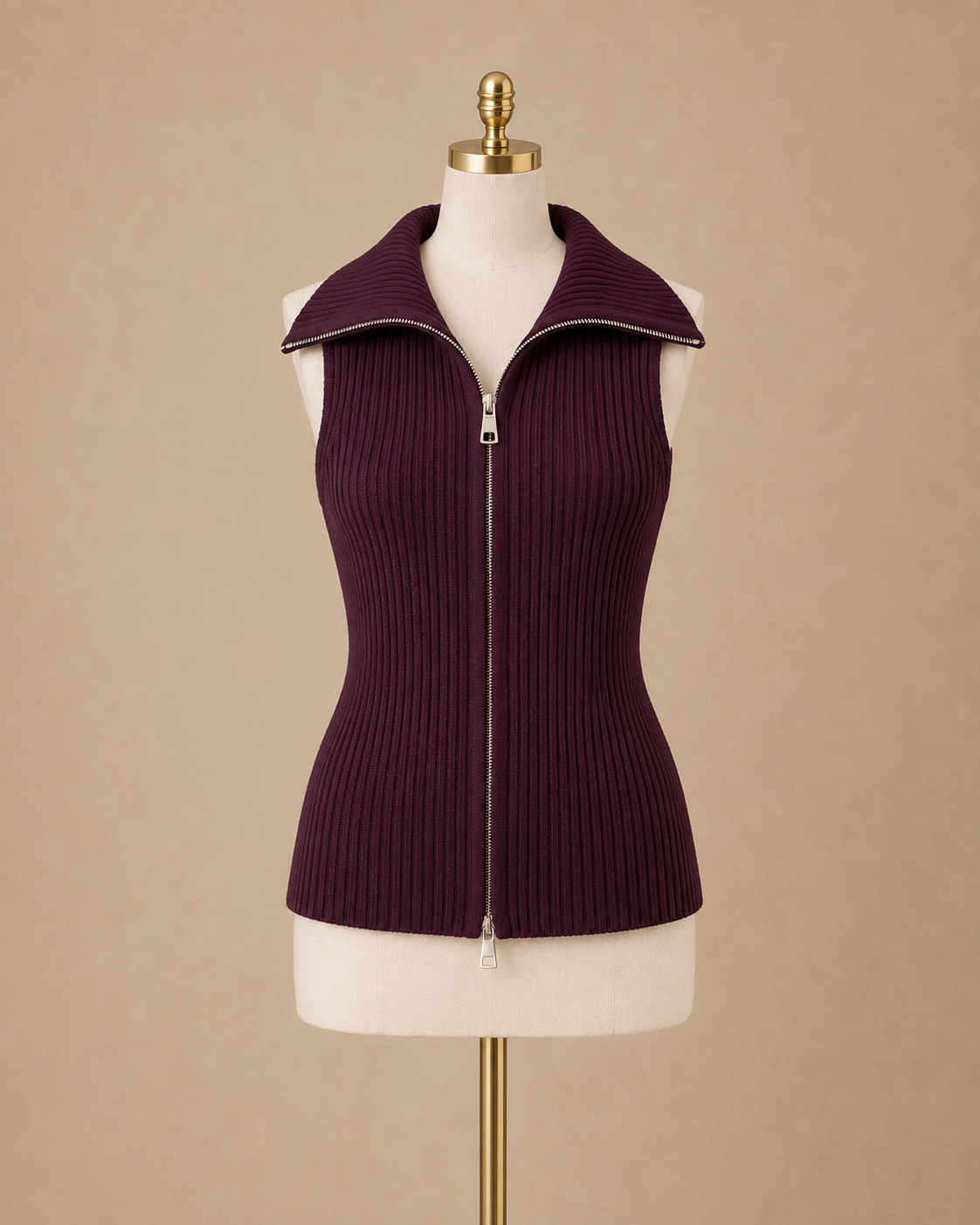 Plum Ribbed Zip Sweater Vest