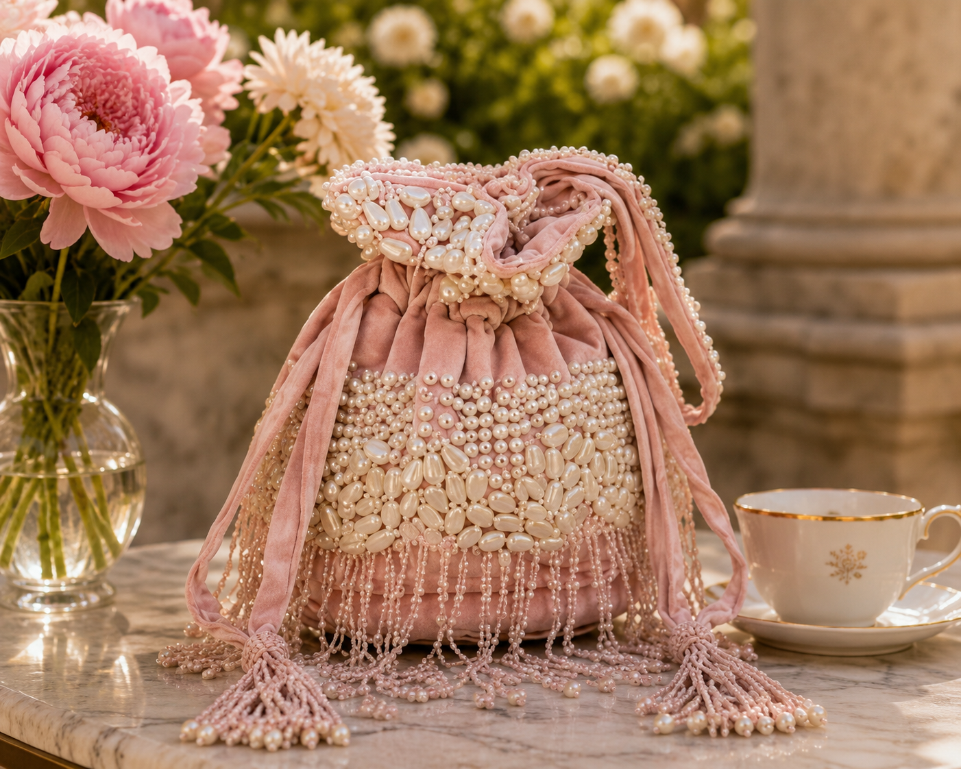 Pink Pearl Beaded Tassel Bag