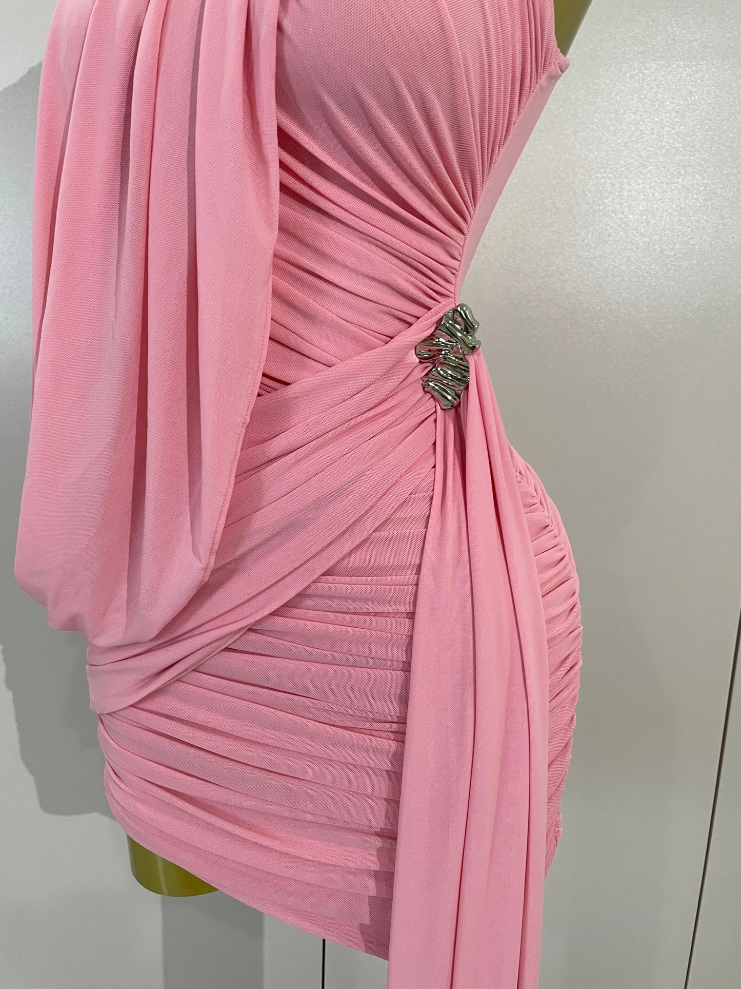 Off Shoulder Ruched Mesh Tassel Bodycon Dress