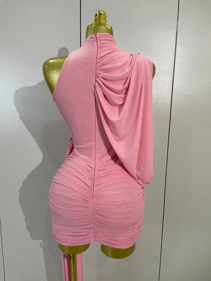 Off Shoulder Ruched Mesh Tassel Bodycon Dress