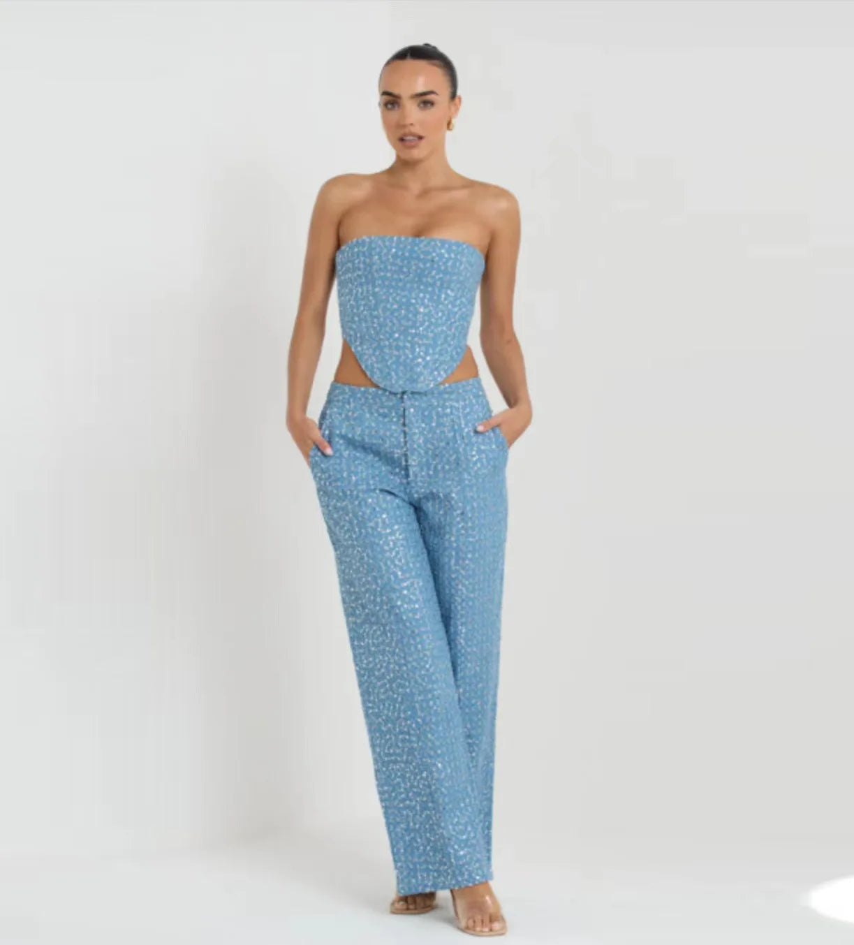 Sequins Denim Corset & Pants Set