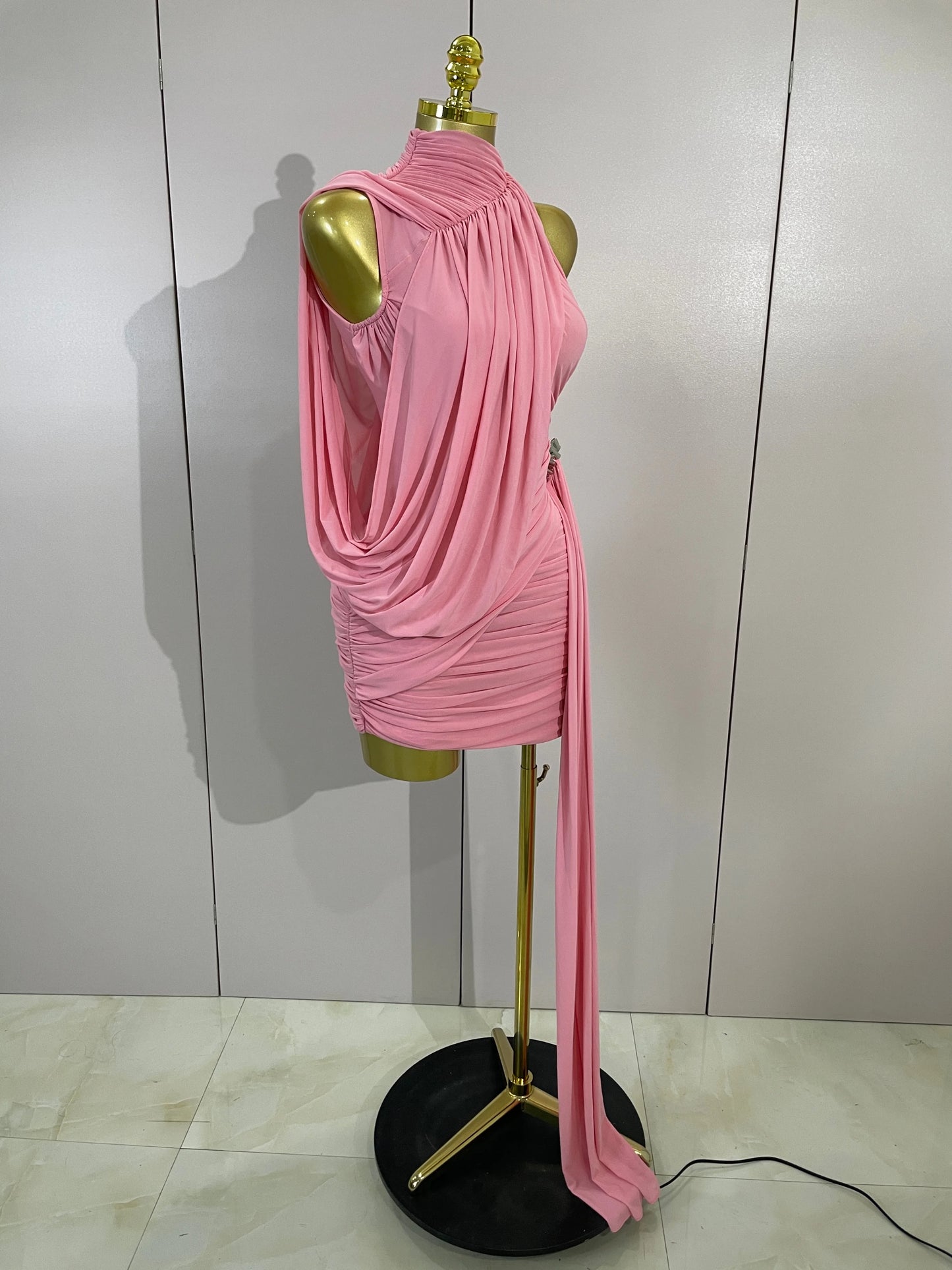 Off Shoulder Ruched Mesh Tassel Bodycon Dress