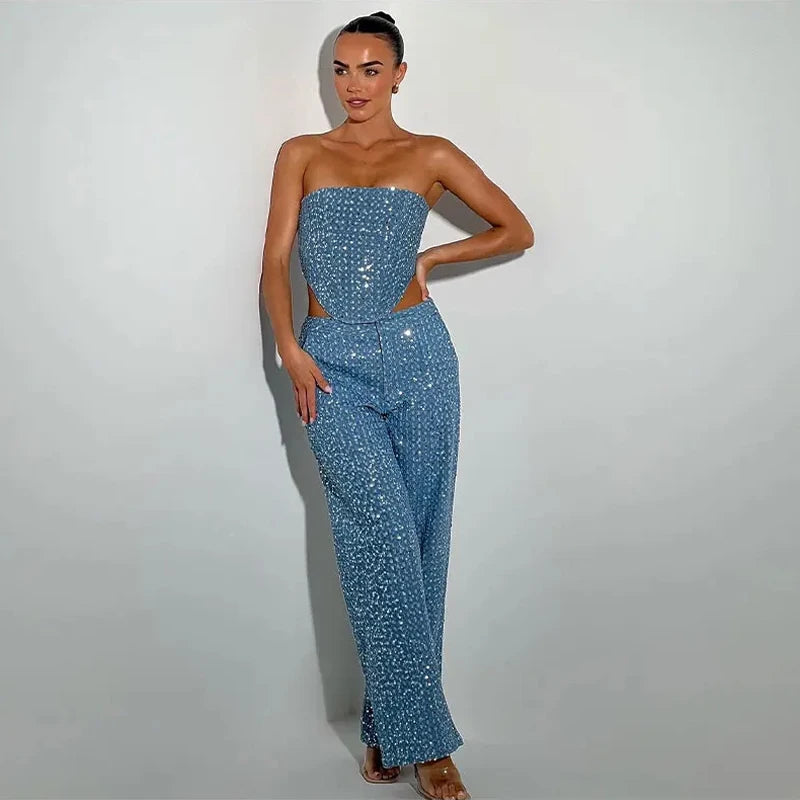 Sequins Denim Corset & Pants Set