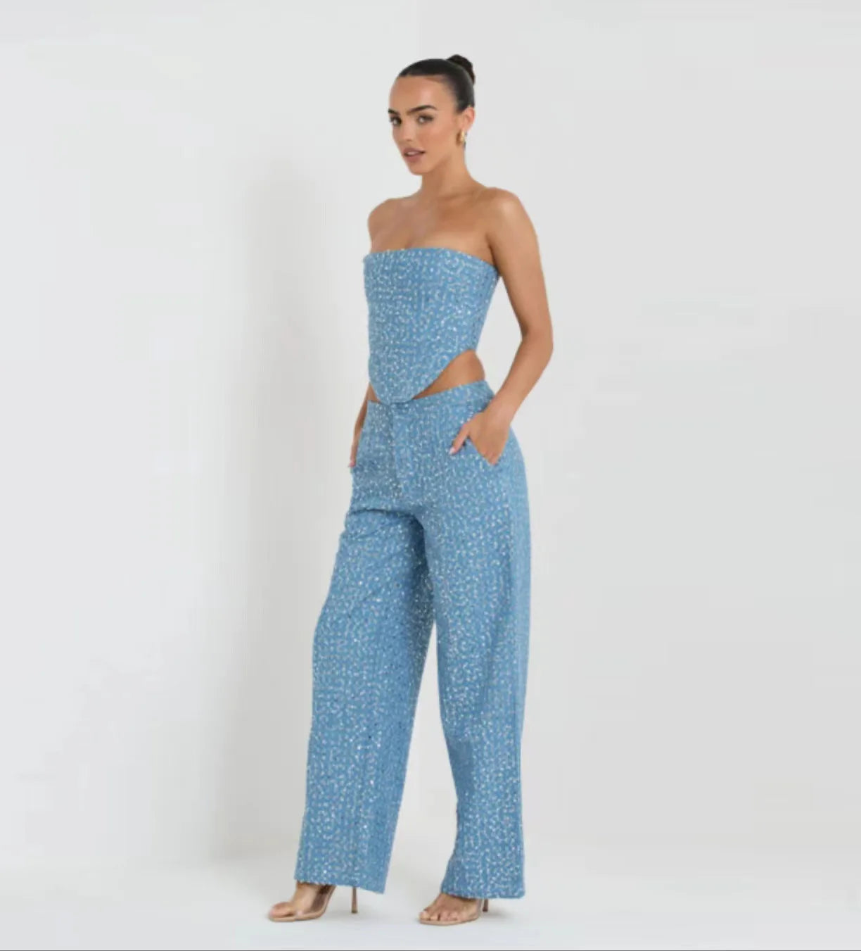 Sequins Denim Corset & Pants Set